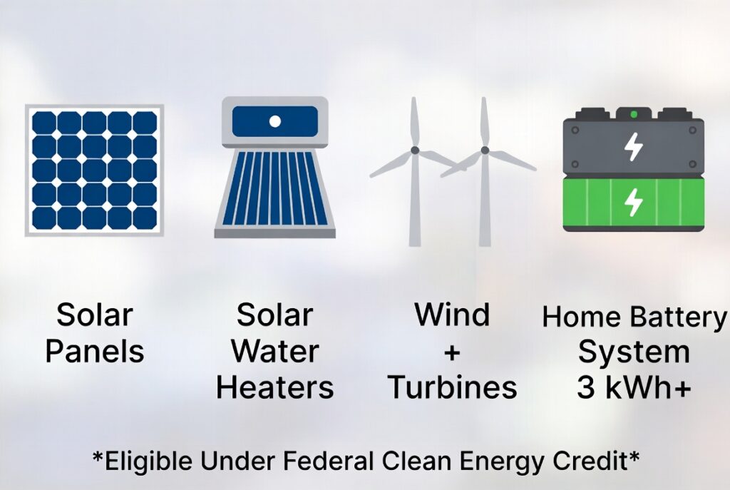 Infographic of qualified clean energy property including solar panels, water heaters, wind turbines, and battery storage.
