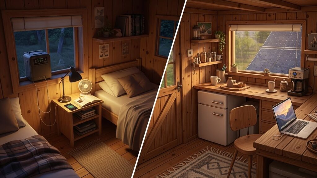 Split image showing a minimalist weekend cabin and a full-time off-grid cabin using different solar systems.