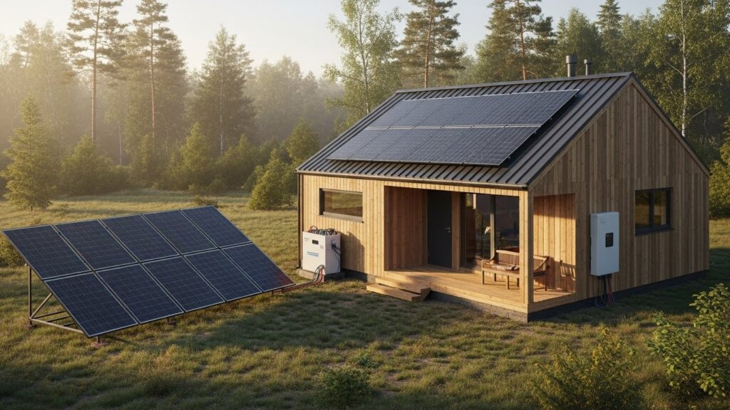 Off-grid wooden cabin with rooftop solar panels and a ground-mounted solar array in a forest setting.