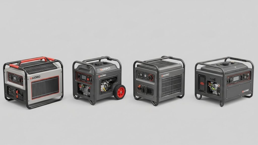 Visual comparison of four solar generator bundles with batteries, inverters, and solar panels.