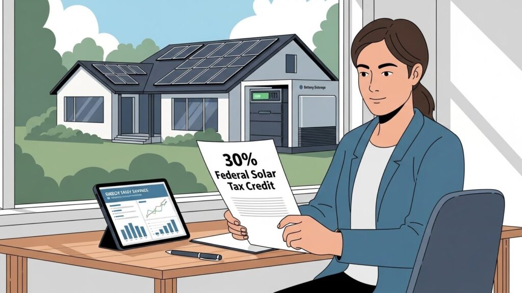 Homeowner reviewing the 30% federal solar tax credit with solar panels and battery storage system.
