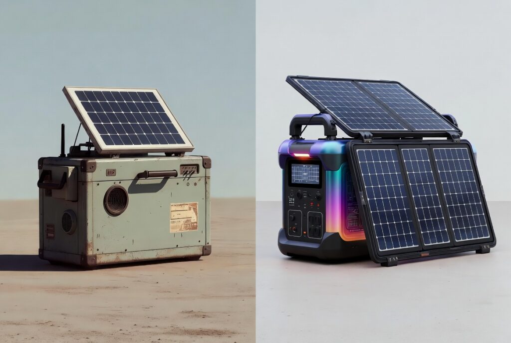 Old portable solar generators compared with modern high-capacity solar generator models.