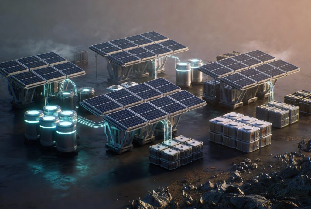 Modern 2025 modular solar generator with expandable batteries, high solar input, and home panel integration.