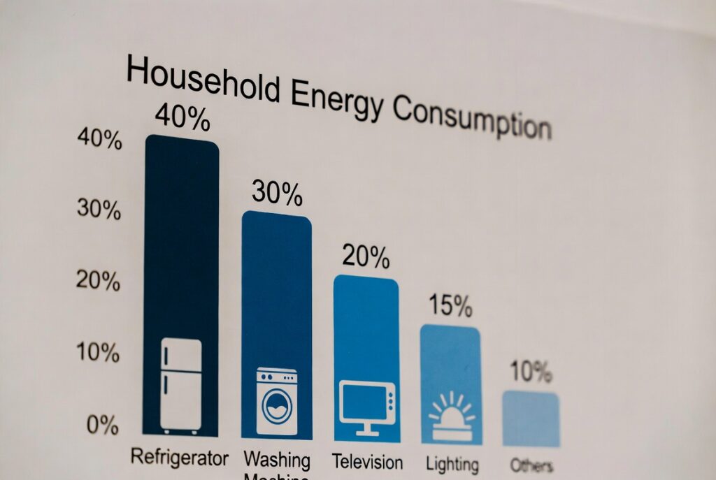 Infographic of U.S. household energy use with power-hungry appliances and continuous versus surge watt differences.