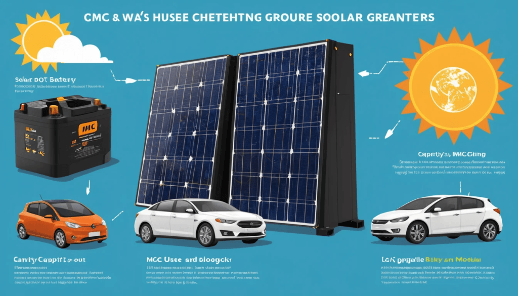 Infographic of solar generator comparison criteria such as capacity, output, battery type, portability, charging, and expandability.

