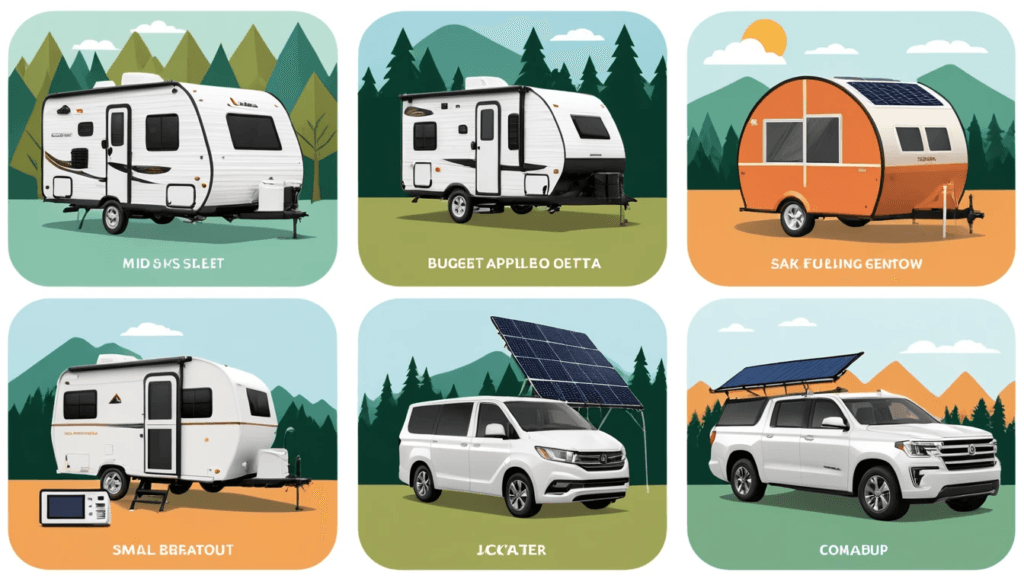 Four illustrated scenes showing camping, RV living, home backup, and budget vs premium solar generator choices.
