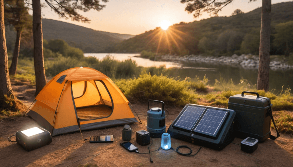A campsite using a portable solar generator and foldable solar panel to power camping gear.
