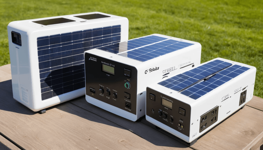 Visual comparison of three portable solar generator models for camping: small, mid-size, and high-capacity.
