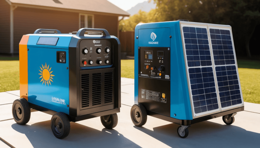 Comparison of a noisy gas generator and a clean, quiet solar generator.
