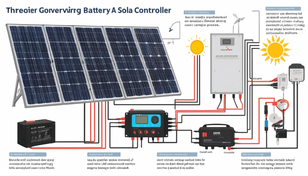 Diagram showing a solar generator’s battery, inverter, and controller working together.

