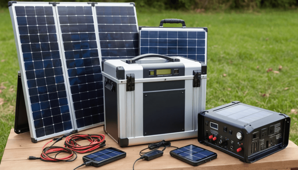 Illustration of a homemade solar generator showing panels, battery, inverter, and controller.
