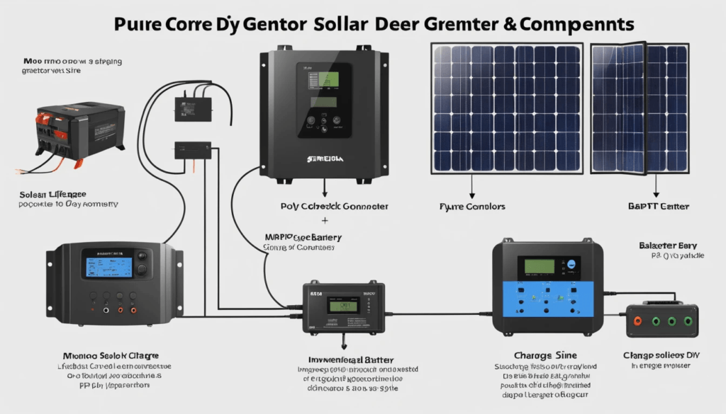 Infographic showing solar panels, deep-cycle batteries, charge controllers, and inverters.
