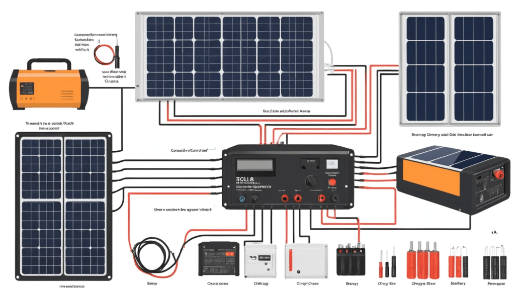 Step-by-step illustration of assembling a DIY solar generator.
