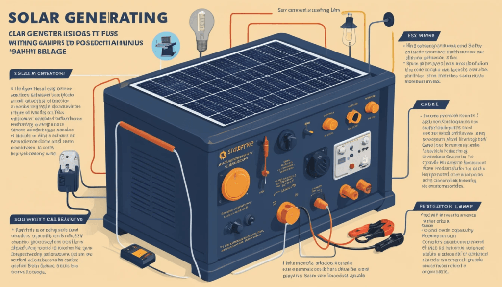 Infographic showing how to test a DIY solar generator and maintain safe operation.

