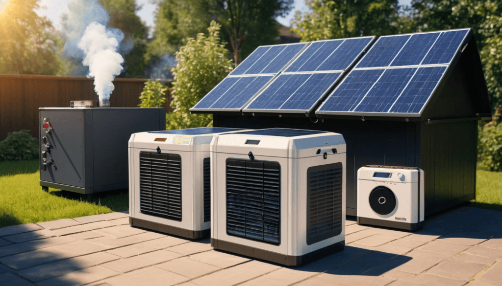 Comparison of gas generators and solar generators showing noise and emission differences.
