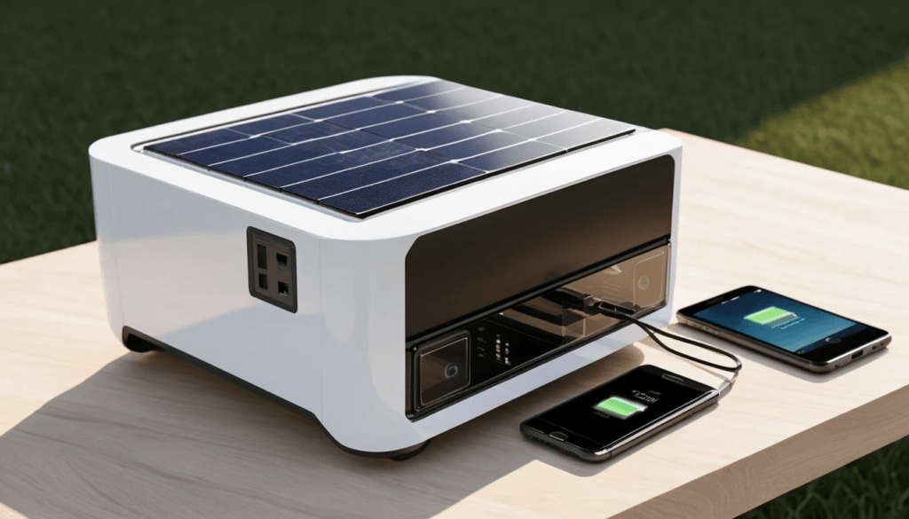 Diagram showing how a solar generator recharges using solar panels, AC outlets, or a car socket.
