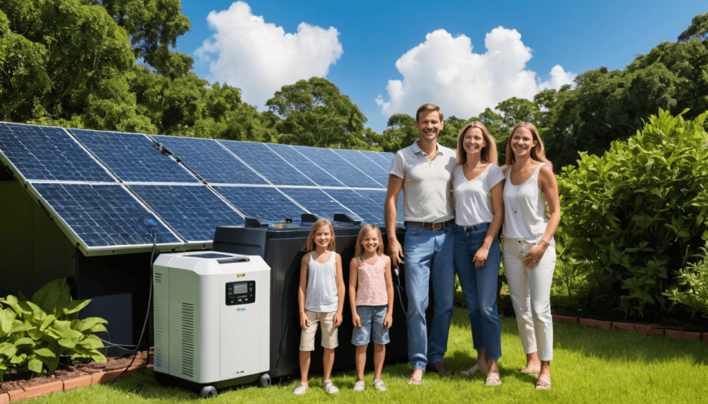 A family standing near a solar backup generator with solar panels in the background, symbolizing energy independence.
