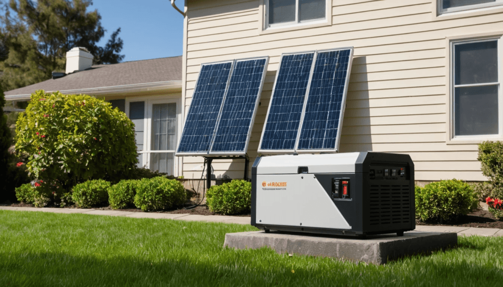 A quiet solar generator placed outside a home providing backup power during a power outage, with solar panels charging the unit.
