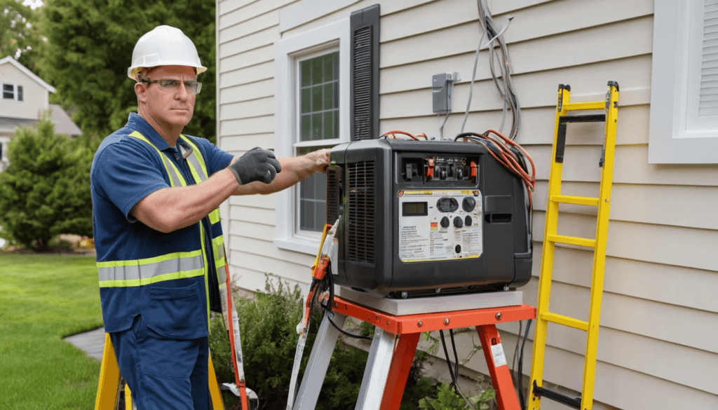 An electrician installing a whole-home generator with a transfer switch for safe operation during a power outage.
