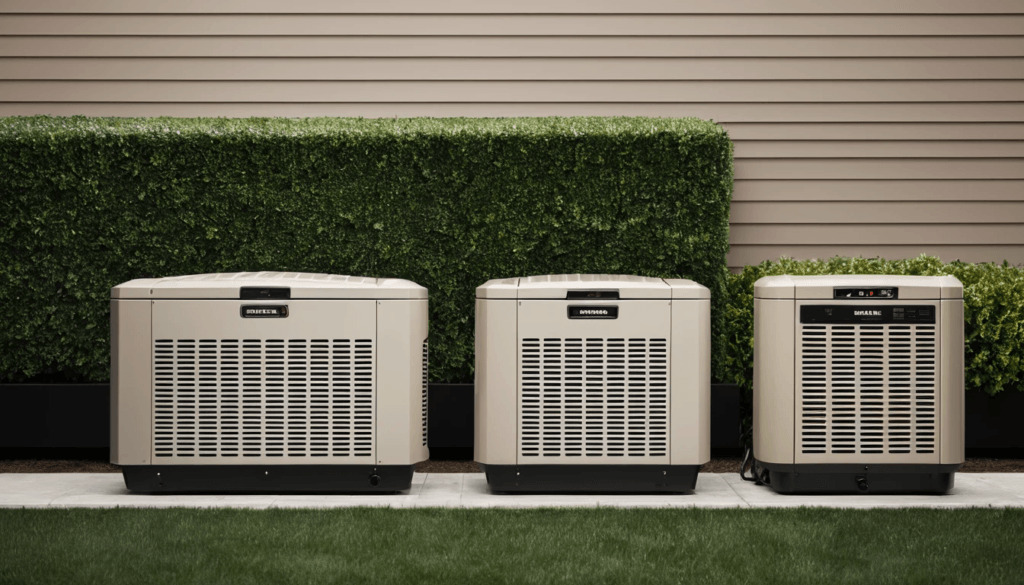Illustration of three standby generators side-by-side, with labels for Generac, Kohler, and Cummins. Show sleek, modern designs with power ratings (14-18kW for Generac, 20kW+ for Kohler, 13kW-20kW for Cummins). Display in a neutral, outdoor setting with power cables, emphasizing the differences in size, design, and features.