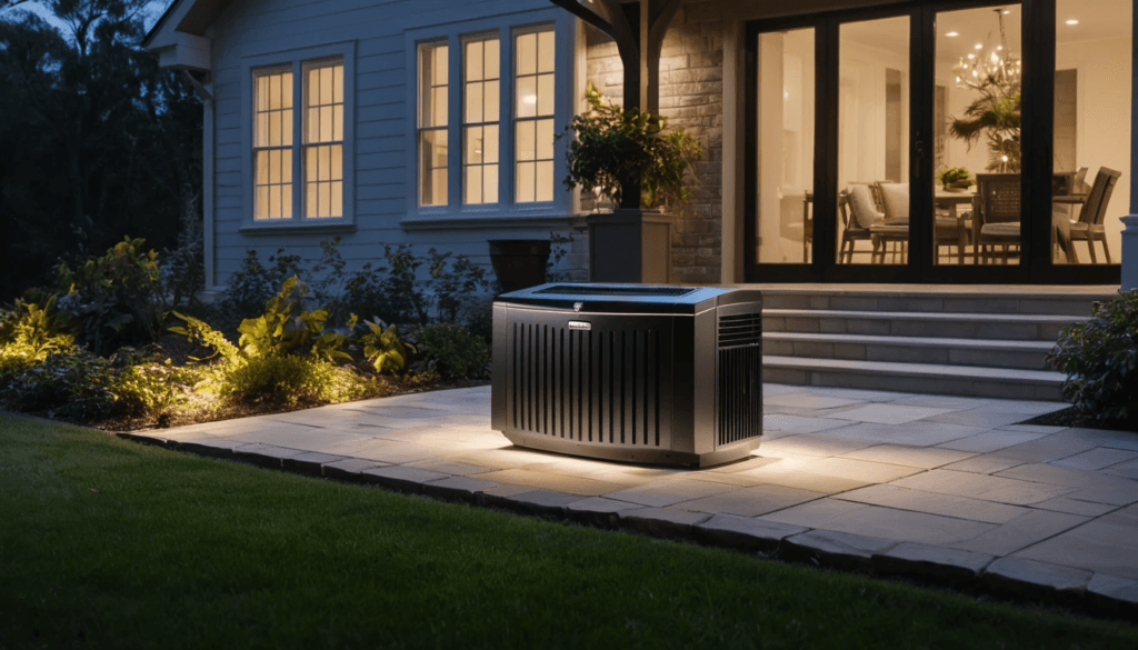 Kohler standby generator operating silently outside a luxury home during a power outage.