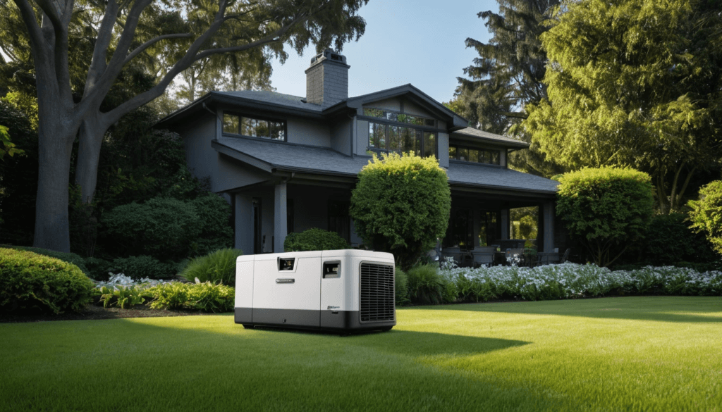 Cummins QuietConnect standby generator running silently in a premium home’s backyard.