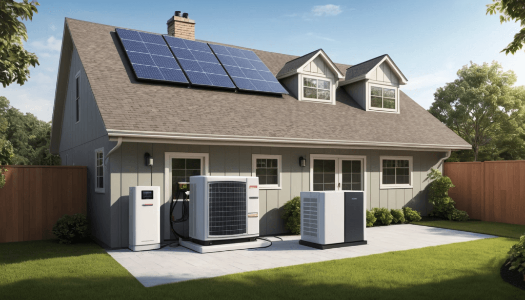 Whole-house generator system with battery storage, inverter, surge power, and solar panels connected to a home's electrical panel.