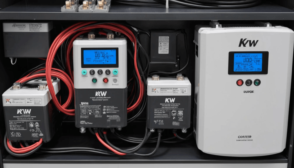 Close-up of a generator's battery storage system and inverter output showing capacity, output, and surge power specs.