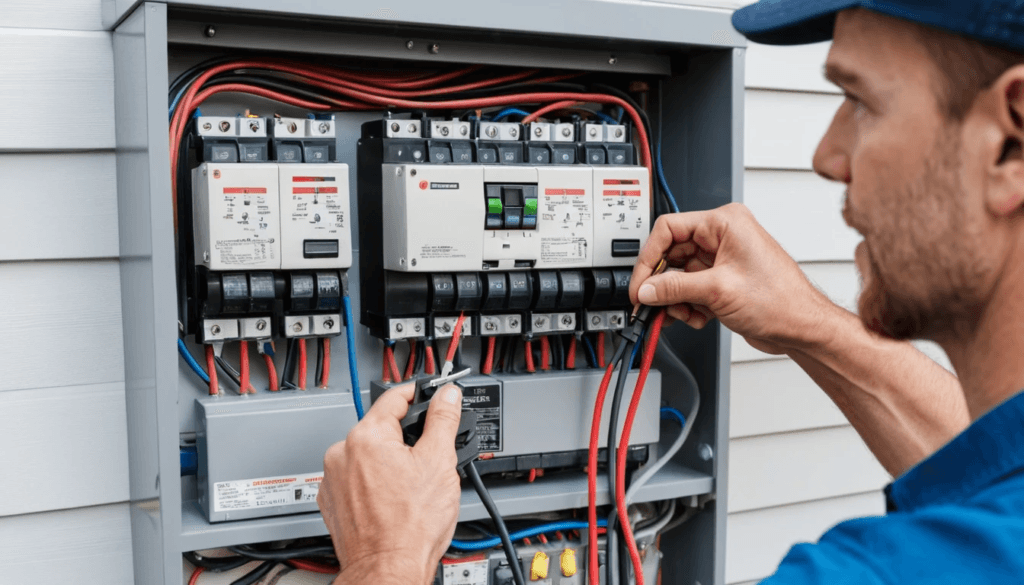 Professional installation of a whole-house generator system with transfer switch and wiring.