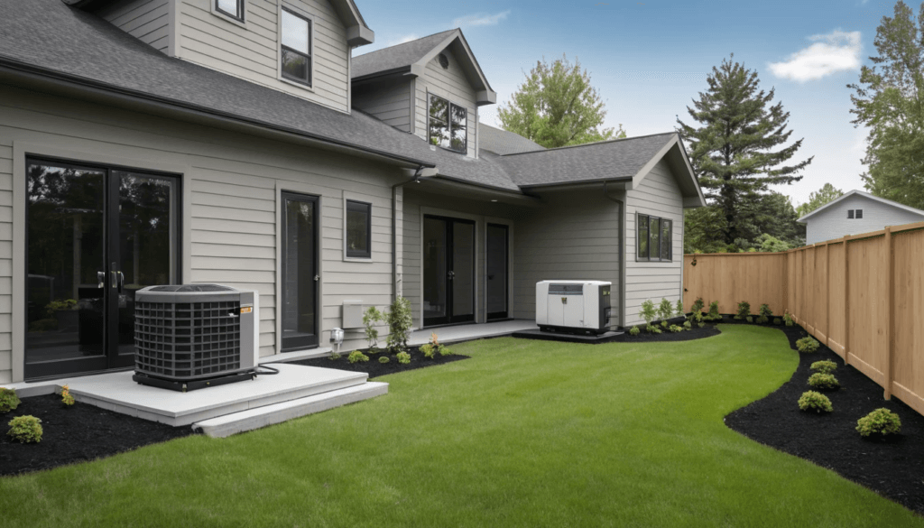 Home standby generator system installed outside a home with automatic transfer switch (ATS) and connected to the electrical panel.