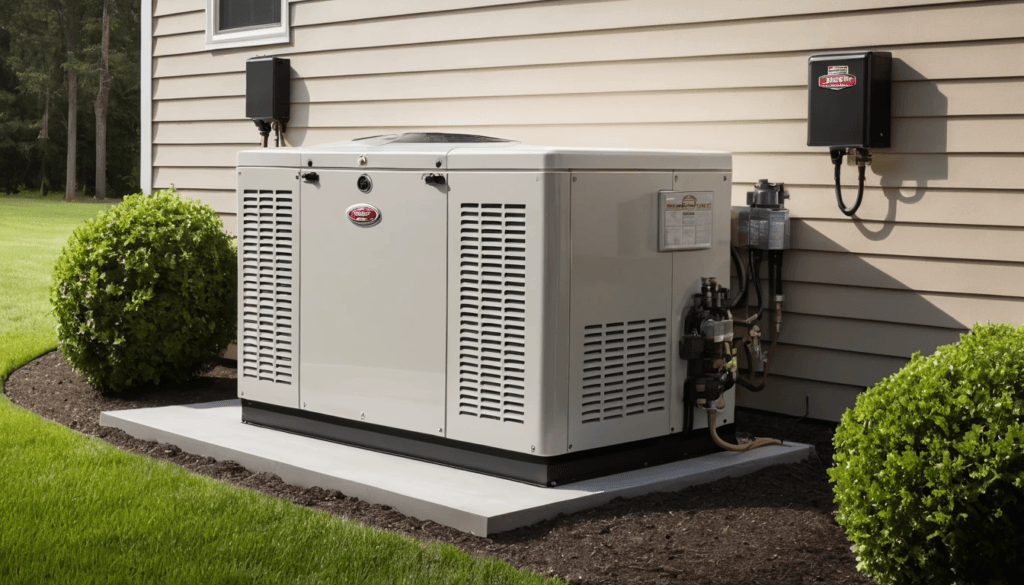 Close-up of a home standby generator’s control panel and sensors, with digital readings showing voltage levels, battery status, and power output. The panel should also show diagnostics and a self-test feature in operation.