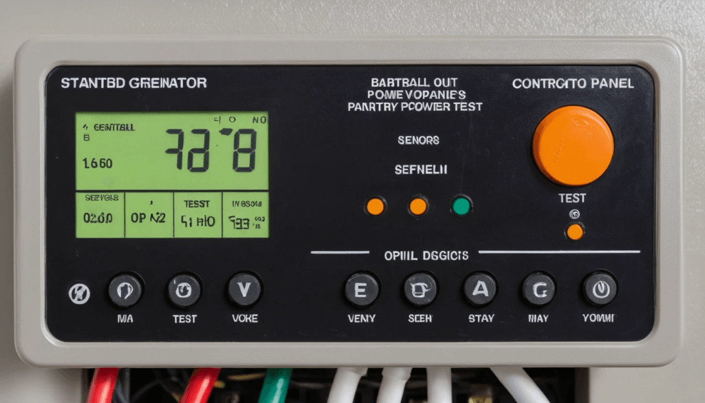 Control panel and sensors on a home standby generator showing voltage levels and diagnostic readings.