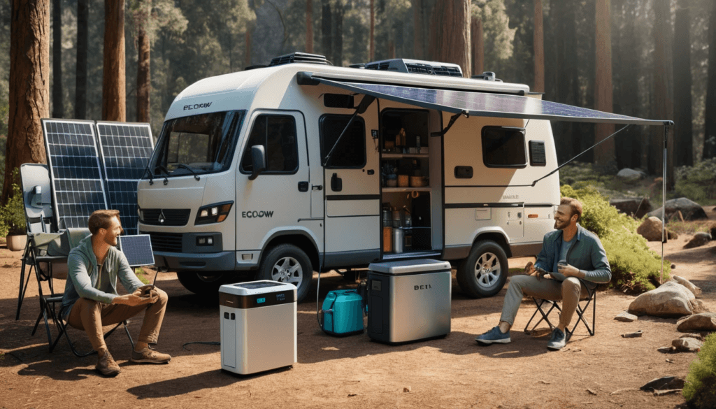 EcoFlow DELTA powering devices and a fridge at a campsite with solar panels for charging.